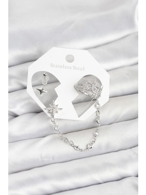 İsmiyle Al Kutup Yıldızı Model Pirinç Gümüş Renk Zincir Bağlantılı Ear Cuff Küpe Seti