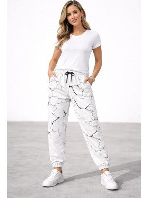 Dijital Baskılı Eşofman Altı Kışlık Üç Iplik Şardonlu Kumaş Lastikli Paça, Cepli, Rahat Kalıp - Beyaz