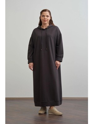 ALLDAY Acı Kahve-Büyük Beden Kapüşonlu Basic Örme Elbise