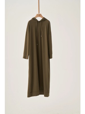 ALLDAY HAKI01-BÜYÜK Beden Kapüşonlu Likralı Basic Elbise