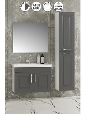 Özceden Salkım 80+35 cm Beyaz-Füme Balon Mdf Seramik Lavabolu Asma Banyo Dolabı Takımı