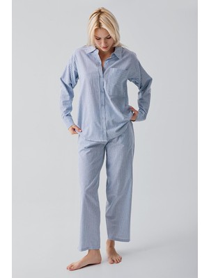 Artış Collection Uzun Kollu Çizgili Düğmeli Dokuma %100 Pamuk Pijama Takım 19209