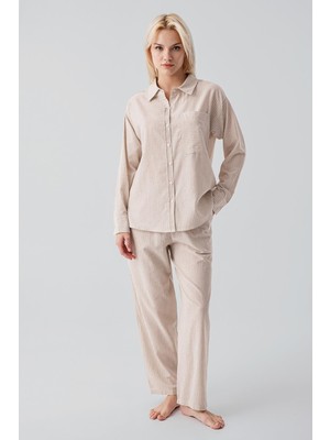 Artış Collection Uzun Kollu Çizgili Düğmeli Dokuma %100 Pamuk Pijama Takım 19209