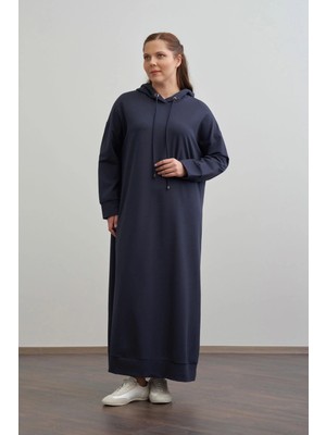 ALLDAY Lacivert-Büyük Beden Kapüşonlu Basic Örme Elbise