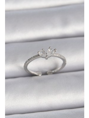 İsmiyle Al Pirinç Gümüş Renk Ayaralanabilir Zirkon Taşlı Kalp Model Kadın Yüzük