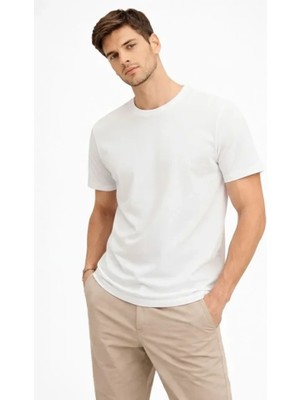 Erkek Bisiklet Yaka Tişört Regular Kalıp Basic Pamuklu Günlük Kullanım T-Shirt - Beyaz