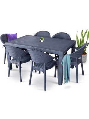 Rattan Masa Takımı 6 Kişilik Bambu Sandalye Seti Bahçe Balkon Teras Takımı 90X150 Camlı Masa