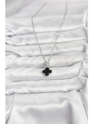 İsmiyle Al 316L Çelik Zincir Gümüş Renk Yonca Model Zirkon Taşlı Kadın Kolye