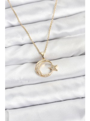 İsmiyle Al 316L Çelik Zincir Gold Renk Ay Yıldız Model Zirkon Taşlı Kadın Kolye