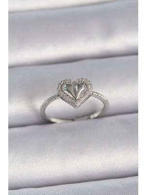 İsmiyle Al Pirinç Gümüş Renk Ayarlanabilir Zirkon Taşlı Kalp Model Kadın Yüzük