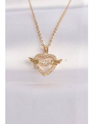 İsmiyle Al 316L Çelik Zincir Altın Renk Zirkon Taşlı Kanatlı Kalp Kolye
