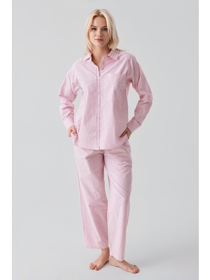 Artış Collection Uzun Kollu Çizgili Düğmeli Dokuma %100 Pamuk Pijama Takım 19209