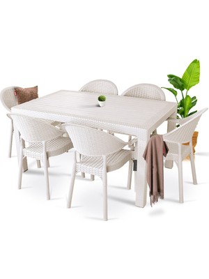 Rattan Masa Takımı 6 Kişilik Bambu Sandalye Seti Bahçe Balkon Teras Takımı 80X140 Camlı Masa