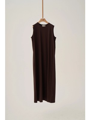 ALLDAY Acı Kahve-Büyük Beden Pamuklu Bisiklet Yaka Kolsuz Likralı Içlik Elbise