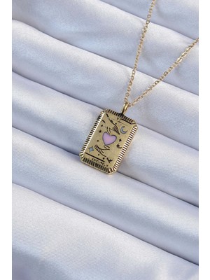 İsmiyle Al 316L Çelik Zincir Eskitme Altın Renk Pembe Mineli Kalp Figürlü Tarot Kolye