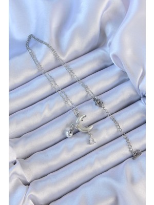 İsmiyle Al 316L Çelik Zincir Gümüş Renk Zirkon Taşlı Kelebekli Mineli Ay Kolye