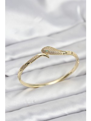 İsmiyle Al Pirinç Zirkon Taşlı Yılan Model Kadın Kelepçe Bileklik