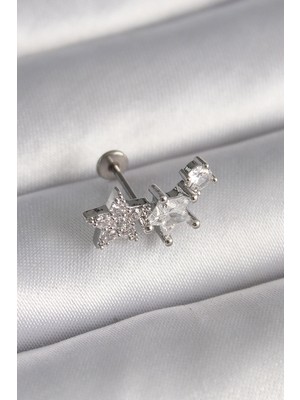 İsmiyle Al 316L Çelik Gümüş Renk Zirkon Taşlı Yıldız Model Tragus Piercing