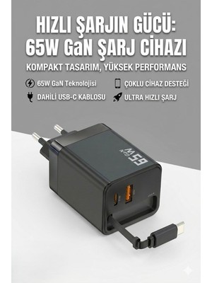 Tbl Dekor 65W Süper Hızlı Şarj Cihazı | Dahili Type-C Kablo | Usb-C & Usb-A Çıkış | Çoklu Cihaz Desteği