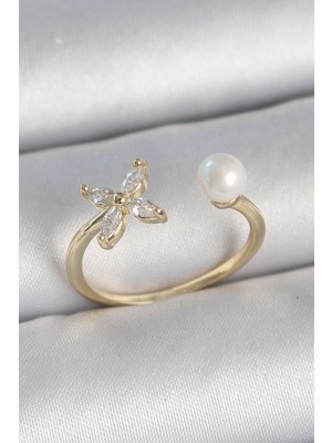 İsmiyle Al Pirinç Gold Renk Zirkon Taşlı Çiçek Model Inci Detay Ayarlanabilir Kadın Yüzük