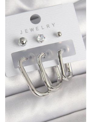 İsmiyle Al Pirinç Gümüş Renk Halka Model Zirkon Taşlı Topçuk Detay Kadın Küpe Seti