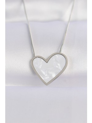 İsmiyle Al 316L Çelik Zincir Gümüş Renk Mermer Desenli Kalp Kolye