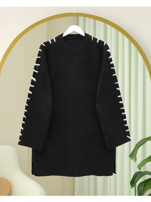 Modamorfo Kolları Ipli Çizgili Yumoş Triko Tunik -Siyah