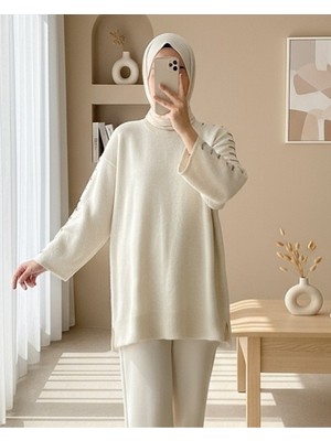 Modamorfo Kolları İpli Çizgili Yumoş Triko Tunik -Krem