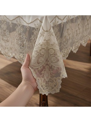 FINEZZA1603 - 8690000032051 - Ece Dantelli Kadife Krem/bej Masa Örtüsü Dikdörtgen 160X230 cm - 1603