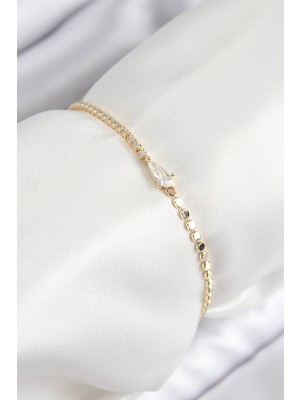 İsmiyle Al Pirinç Zirkon Taşlı Damla Model Ezme Zincir Gold Renk Kadın Bileklik