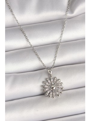 İsmiyle Al 316L Çelik Gümüş Renk Zincir Zirkon Taşlı Güneş Model Kadın Kolye