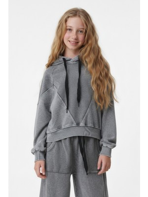 Haykids Kız Çocuk Oversize Acid Wash (Eskitme) Kapüşonlu Sweatshirt & Geniş Paça Pantolon Takım