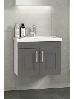 Özceden Salkım 80 cm Beyaz-Füme Balon Mdf Seramik Lavabolu Asma Banyo Dolabı Takımı