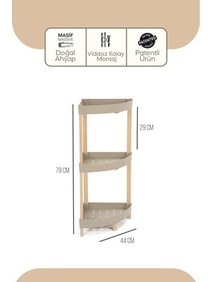 Sinbo Bienwood BIE-7208 Ahşap 3 Katlı Raf - Krem – Masif Ahşap & Plastik, Vidasız Kurulum, 31X31X79 cm