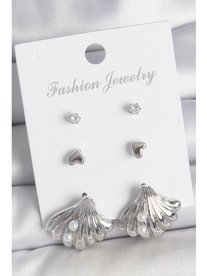 İsmiyle Al Pirinç Gümüş Renk Zirkon Taş Detaylı Inci Detaylı Deniz Kabuğu Model 3 Çift Kadın Küpe