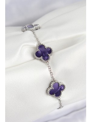 İsmiyle Al 316L Çelik Sedefli Mor Gümüş Renk Yonca Kadın Bileklik