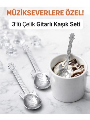 Volaconcept Gitarlı 3 Adet Çelik Tatlı Kaşığı, Dondurma Kaşığı, Çelik Kaşık ,çay Kaşığı