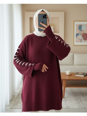 Modamorfo Kolları İpli Çizgili Yumoş Triko Tunik -Bordo