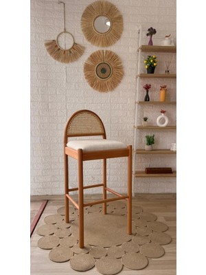 Silla Concept Nova Bar Sandalyesi Teddy Krem Kumaş Hasırlı Naturel Ahşap Ada Sandalye