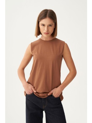 ALLDAY Açık Kahve-Bisiklet Yaka Kolsuz Pamuklu T-Shirt