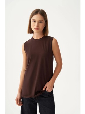 ALLDAY Acı Kahve-Bisiklet Yaka Kolsuz Pamuklu T-Shirt