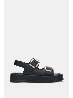 Selin Shoes Lunella Çift Gold Toka Detaylı Kadın Sandalet- Siyah