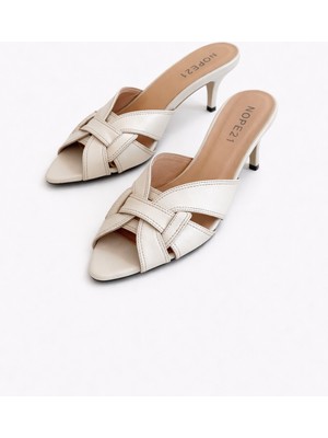 Nope21 Alpha Bej Hakiki Deri Topuklu Terlik