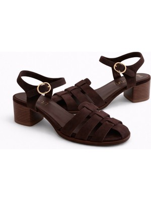 Nope21 Nova Kahverengi Hakiki Deri Topuklu Sandalet