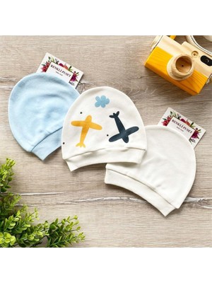 Renkli Puset Uçak Desenli 3'lü Bebek Şapka Bere Takım Mavi Kız Çocuk İçin Rahat Tasarım