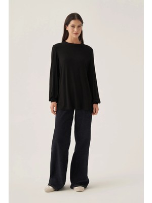 ALLDAY Siyah-Bisiklet Yaka Kol Ucu Büzgülü Pamuklu Bluz