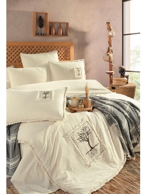 Uçkan Home %100 Organik Pamuk 6 Parça Yıkanmış Kumaş Çift Kişilik Püsküllü Nakışlı Nevresim Takımı