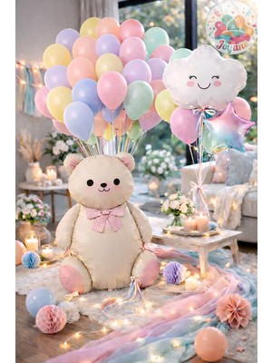 Joyane Ayıcıklı Pastel Balon Seti 30’lu | 90 cm Ayı + Bulut + Yıldız Folyo | Baby Shower Doğum Günü Dekor