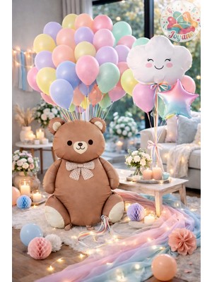 Joyane Ayıcıklı Pastel Balon Seti 30’lu | 90 cm Ayı + Bulut + Yıldız Folyo | Baby Shower Doğum Günü Dekor