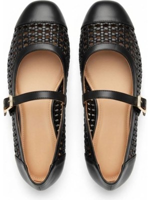 Ne&Ve Shoes Deri Biye Örgü Detaylı Tokalı Kadın Babet